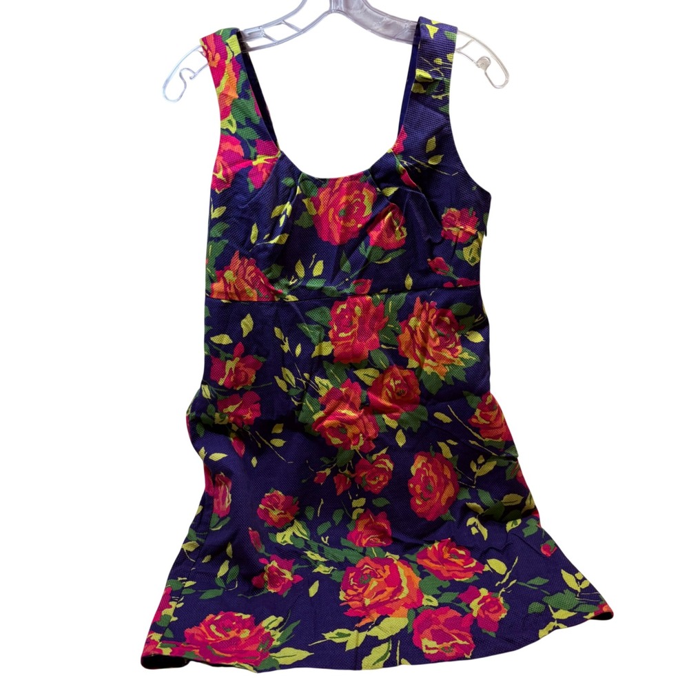 Lands' End Womens 6P Navy Blue Floral Pique Sheath Dress Sleeveless Square Neck